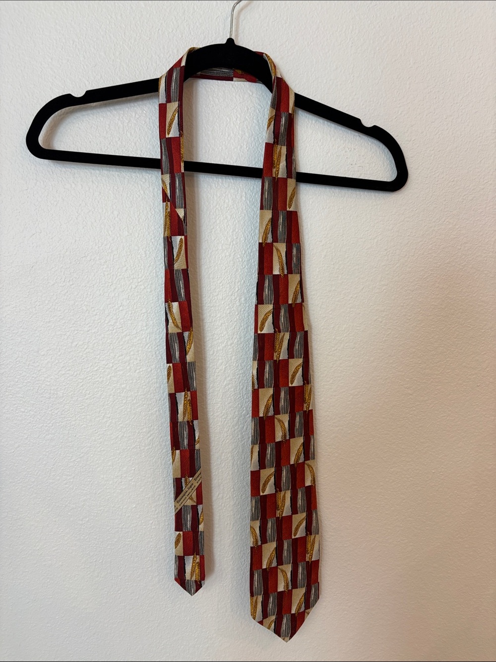 Ermenegildo Zegna Red, Gold and Cream Checkerboard Wheat-Print Silk Tie